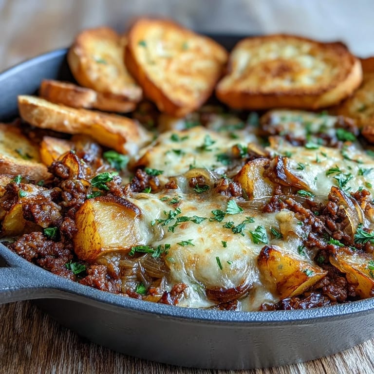 Comforting French Onion Ground Beef and Potato Skillet, ready to serve.