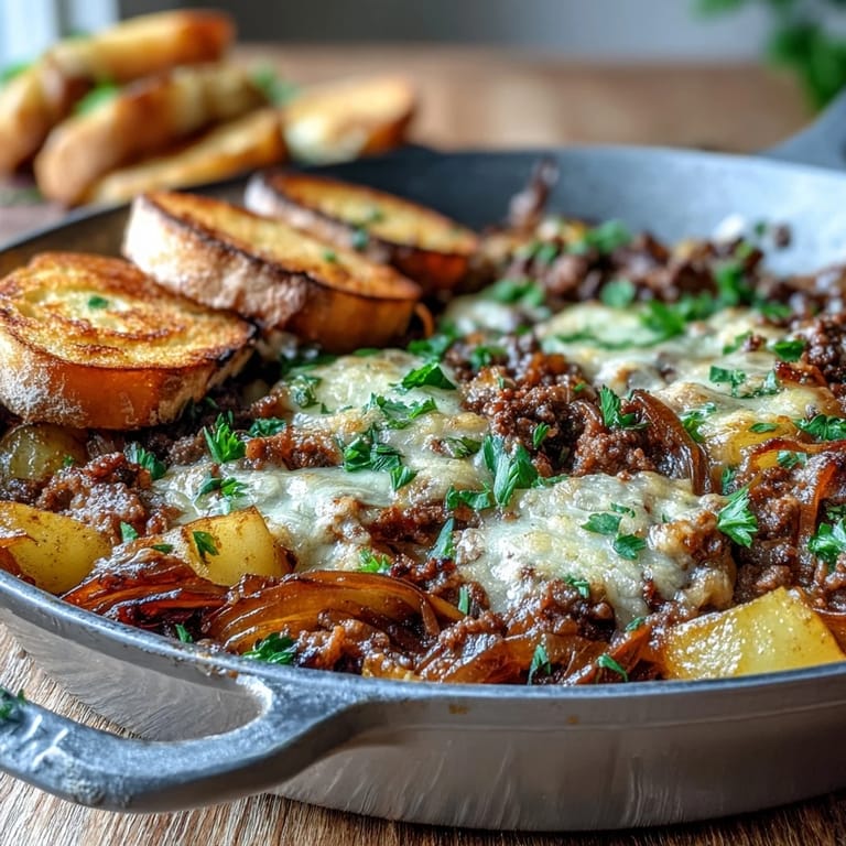 Hearty French Onion Ground Beef and Potato Skillet, showcasing tender potatoes.