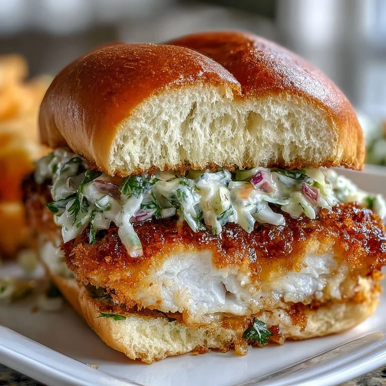 A perfectly breaded Crispy Apple Cider Chicken Sandwich awaits, nestled with vibrant slaw.
