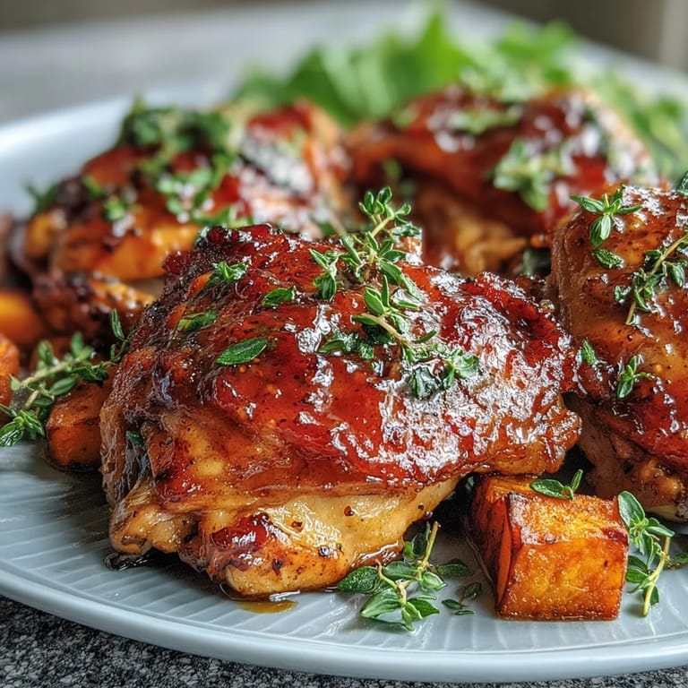 Juicy maple pear chicken glazed, served alongside fork-tender sweet potatoes on a baking sheet.