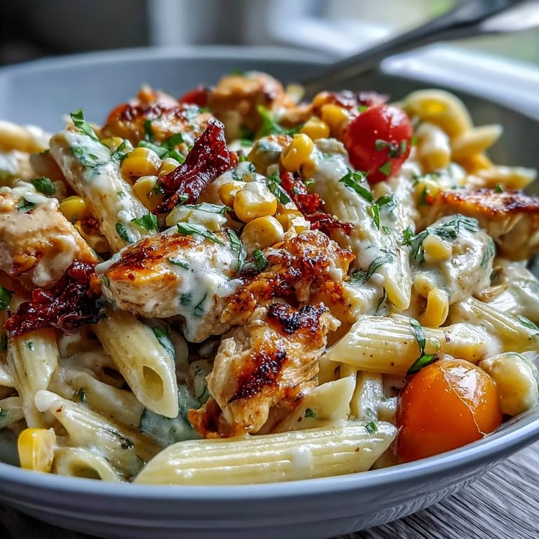 Colorful one-pot chicken pasta with corn and tomatoes, a weeknight dinner favorite.