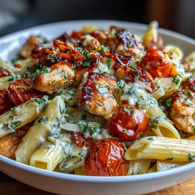 Hearty chicken pasta in a creamy tomato sauce, topped with fresh basil.