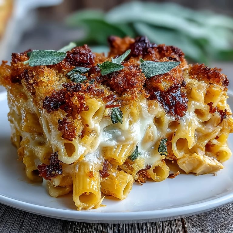 Oven-ready Creamy Pumpkin Chicken Pasta Bake, perfect for a cozy family dinner.