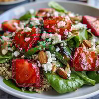 Freshly cooked quinoa cools before being tossed with baby spinach and vibrant sliced strawberries.