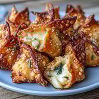 Crispy air-fried wontons bursting with creamy cheese filling and savory seasonings, perfect for dipping.  