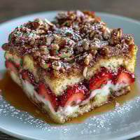 Decadent Galentine's Brunch Strawberry French Toast Casserole with golden brioche, fresh berries, and crunchy almond topping.  