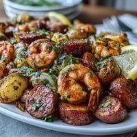 Juicy shrimp and savory sausage roasted with tender potatoes, sweet corn, and onions in Cajun-spiced foil packets, ready for a flavorful dinner.