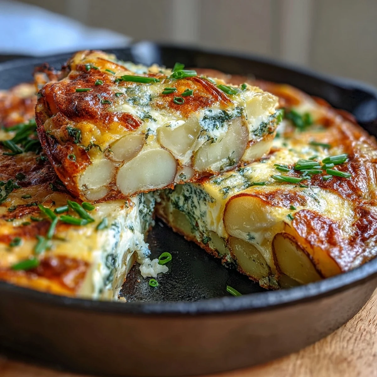 A fluffy oven-baked frittata filled with tender potato slices, fresh spring onions, and sharp cheddar cheese for a hearty vegetarian meal.