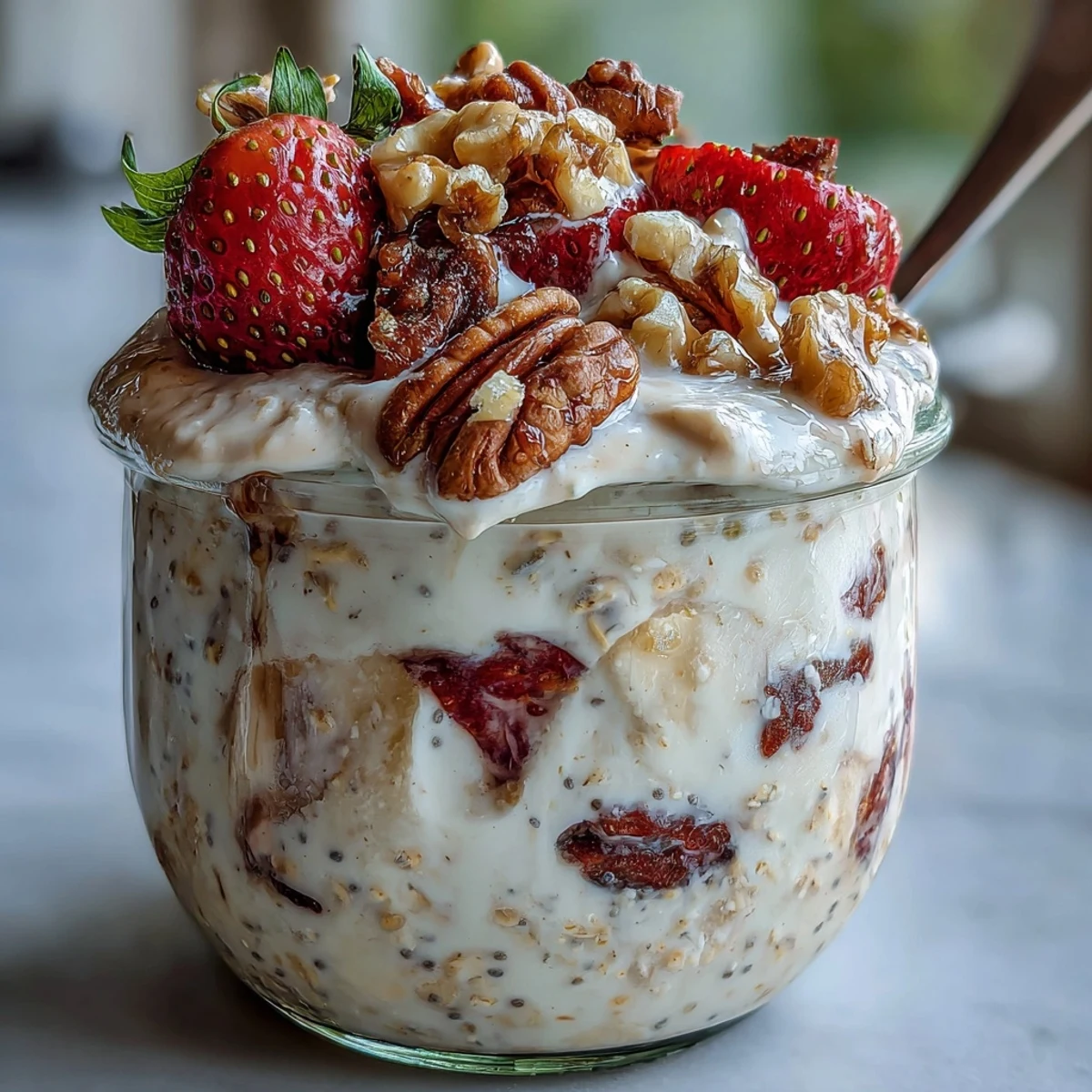 Strawberry Banana Bread Overnight Oats with walnuts in a glass jar, topped with fresh strawberries and banana slices, creamy and nutritious breakfast.  