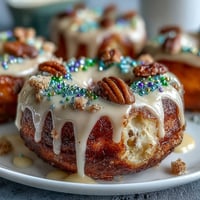 Festive King Cake donuts with colorful Mardi Gras sprinkles, vanilla glaze, and soft baked texture for a vibrant treat.  