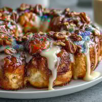 A festive pull-apart monkey bread with cinnamon-swirled dough balls and vibrant purple, green, and gold sugars for Mardi Gras.