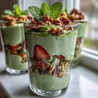 A vibrant strawberry matcha yogurt parfait with layers of creamy green tea yogurt, fresh berries, and crunchy granola.