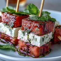 Watermelon Feta Salad Skewers with mint and balsamic glaze, a colorful summer party appetizer.  
