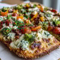 Festive rainbow veggie flatbread pizza with colorful bell peppers, broccoli, and tomatoes on a cheesy base.