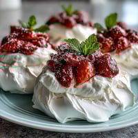 A delicate strawberry pavlova with crisp meringue, creamy whipped topping, and juicy fresh berries.  