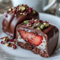 Decadent Dubai-inspired strawberry truffles coated in rich dark chocolate with a hint of rose and cardamom.