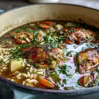 Easy Chicken Run One-Pot Chicken and Rice Soup with tender chicken, hearty rice, and vibrant vegetables simmering in a savory broth.
