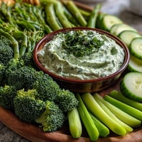 A vibrant green snack board with cucumber, snap peas, and creamy avocado ranch dip.  