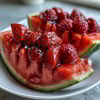 Vibrant watermelon carving board brimming with fresh berries and mint, a perfect summer fruit platter for gatherings.