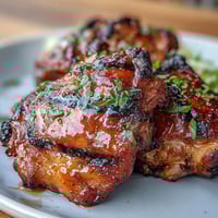 Honey sriracha grilled chicken thighs with caramelized glaze and fresh cilantro garnish.  