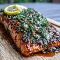 Cedar Plank Salmon with Garlic Dill: smoky grilled salmon on aromatic cedar planks, infused with fresh garlic, dill, and lemon for a vibrant summer main dish.
