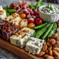 Vibrant spring charcuterie board with radishes, peas, and herb dip, perfect for fresh seasonal entertaining.
