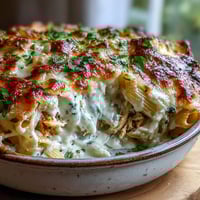 Golden-brown Greek Yogurt Chicken Alfredo Bake fresh from the oven, bubbly with mozzarella and topped with fresh parsley.