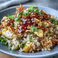 Chili Crisp Egg Fried Rice with fluffy scrambled eggs and aromatic scallions in a spicy chili oil sauce.