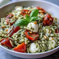 Cold pesto orzo salad with cherry tomatoes, mozzarella, and fresh basil in a creamy pesto dressing.