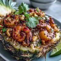 Colorful pineapple fried rice served in a carved-out pineapple shell with shrimp and vegetables.