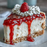 Creamy Mother's Day no-bake cheesecake topped with vibrant raspberry coulis.