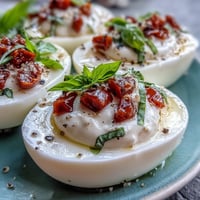 Caprese Deviled Eggs: creamy, vibrant bites topped with fresh tomato and basil.