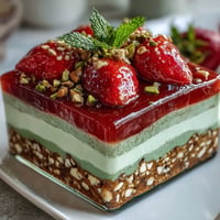 A vibrant Pistachio Strawberry Pretzel Jello Salad with layered textures.