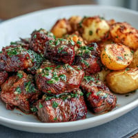 Seared Garlic Butter Steak Bites and Potatoes smothered in rich, fragrant sauce.