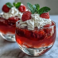 Luscious Raspberry Rose Jello Parfaits layered with fresh berries and cream.