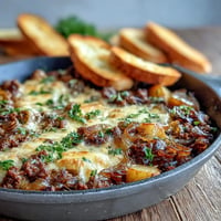 Golden French Onion Ground Beef and Potato Skillet topped with melted Gruyère.