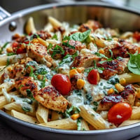 One-Pot Corn Tomato Chicken Pasta bursting with colorful ingredients, ready to serve.